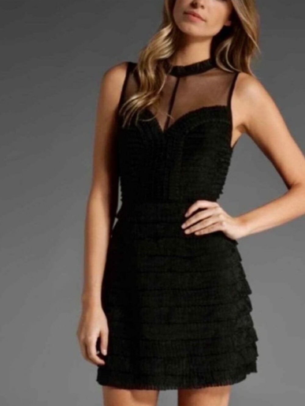 Free People Black Sleeveless Mesh Yoke Ruffled Mini Dress size 4 EUC